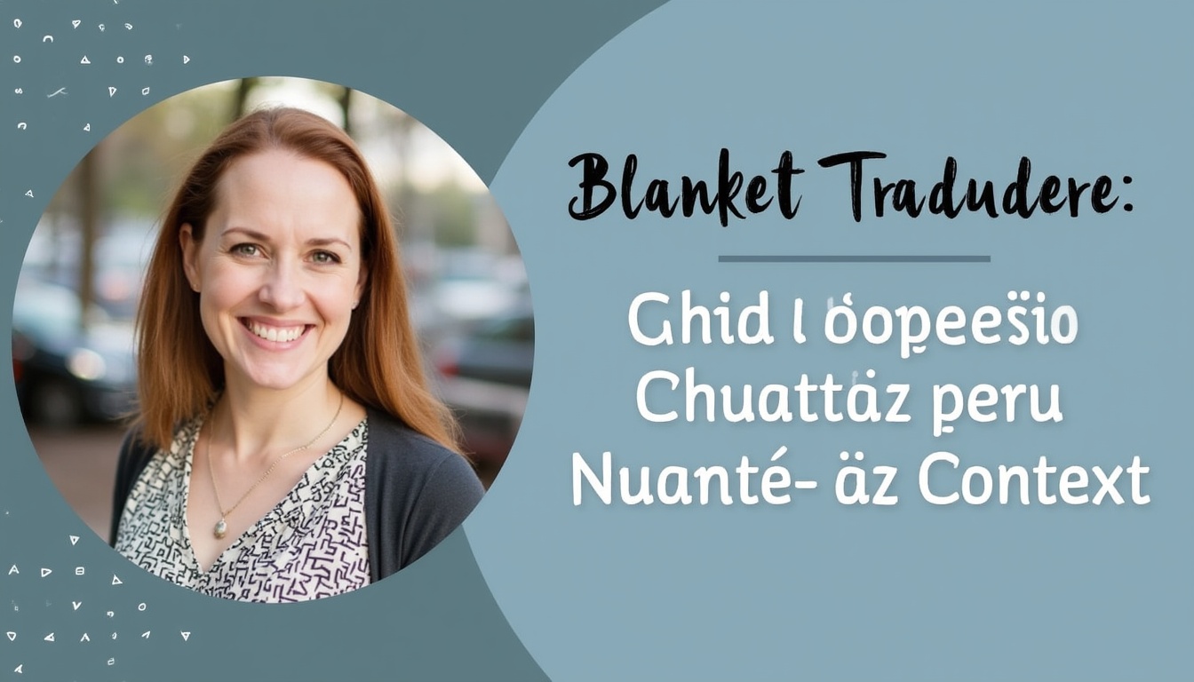 Ilustrație cu o pătură și cuvinte cheie precum 'traducere' și 'context', simbolizând complexitatea termenului 'blanket'.