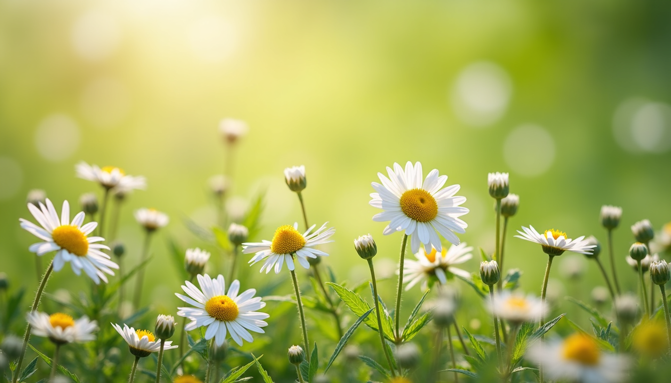 Ilustrație cu flori de chamomile și ceai aburind, reprezentând **chamomile traducere** și utilizările sale.