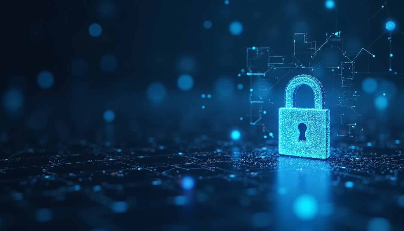 Ilustrație cu un scut de protecție și simboluri de date, reprezentând conceptul de privacy traducere și securitate online.